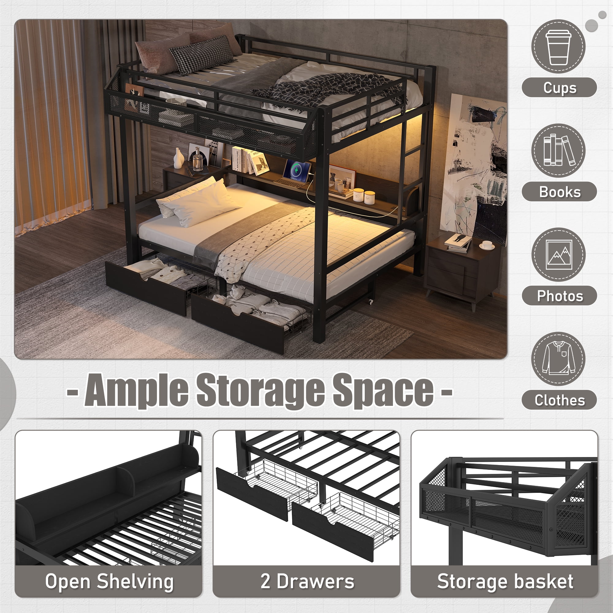 Aukfa Full over Full Metal Bunk Bed with Storage Drawers, Shelves, USB Ports & LED Lights, Convertible Bottom Sofa Bed, Heavy-Duty Bed Frame for Kids Teens Adults, Black