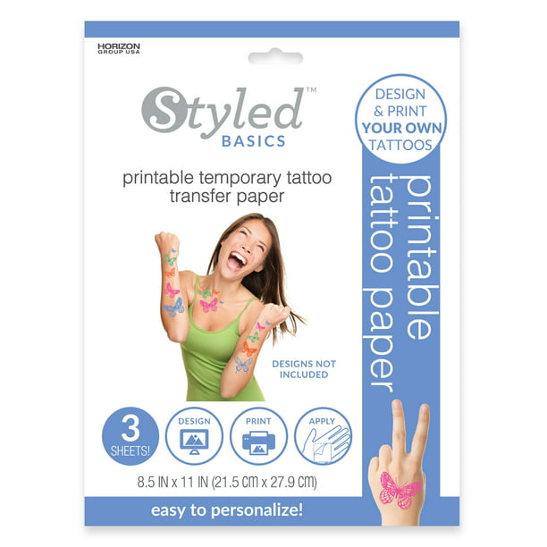 Styled Basics Printable Temporary Tattoo Transfer Paper, 3 White Sheets, 8.5" x 11" Each, For Use With InkJet - Walmart.com