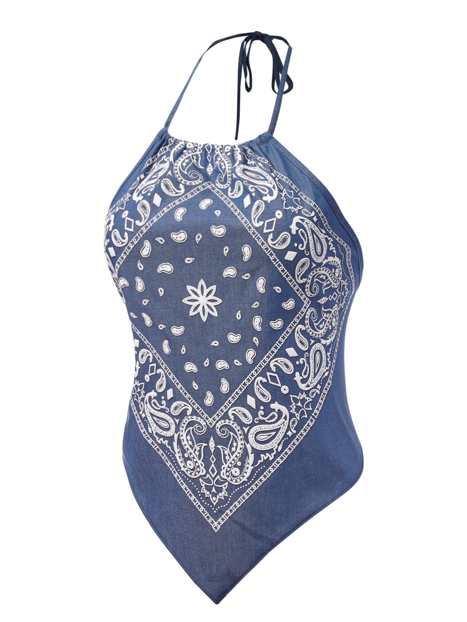 Women's Sexy Casual Paisley Halter Neck Tied Back Handkerchief Bandana Top - Made in USA