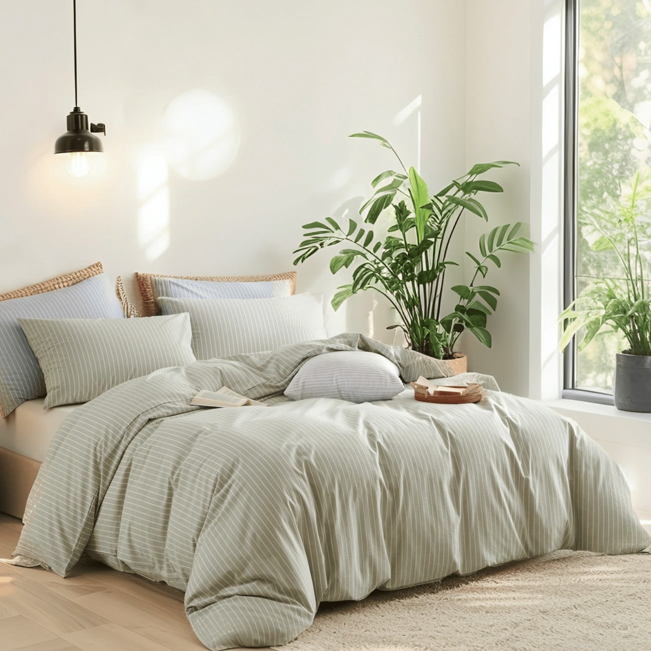 NAYOROOM 100% Cotton Duvet Cover Queen Set, 3-Piece Breathable Comforter Cover（Sage Green & White Striped）