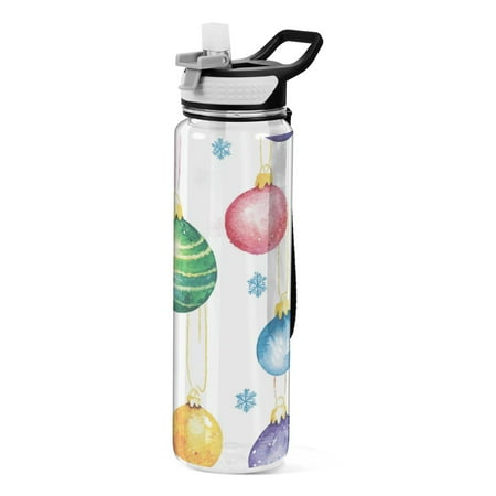 

32oz Transparent Sports Water Bottle with Straw BPA Free Tritan for Kids Adults Outdoor School Gym Fitness Watercolor Christmas Ornaments
