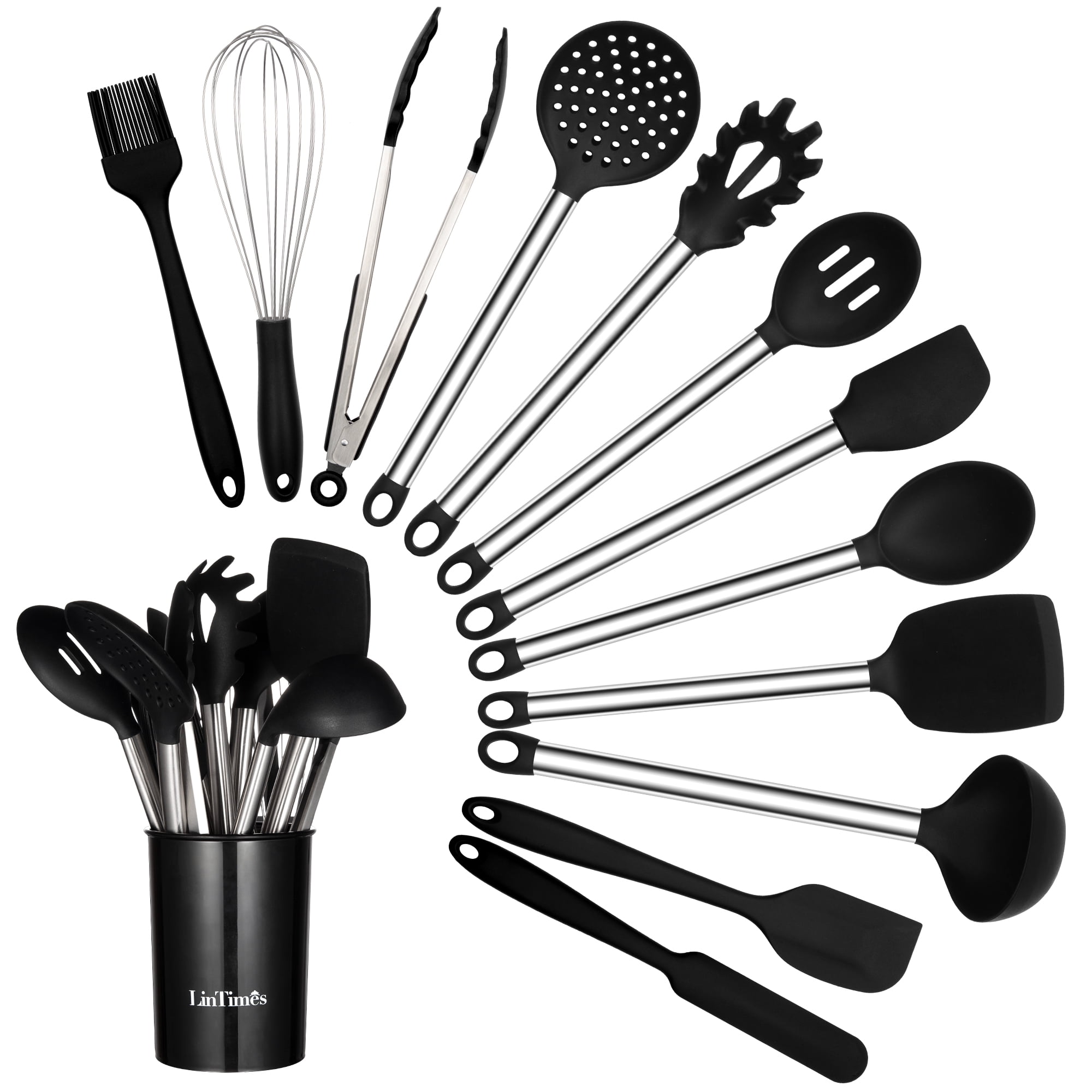 12/16Pcs Kitchen Silicone Cooking Utensil Set Black Wooden Spoons for –  LYHOE