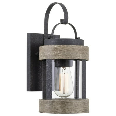 

Kira Home Rochester 13.5 Indoor Outdoor Wall Sconce + Cylinder Glass Shade Weathered Oak Wood Style + Textured Black