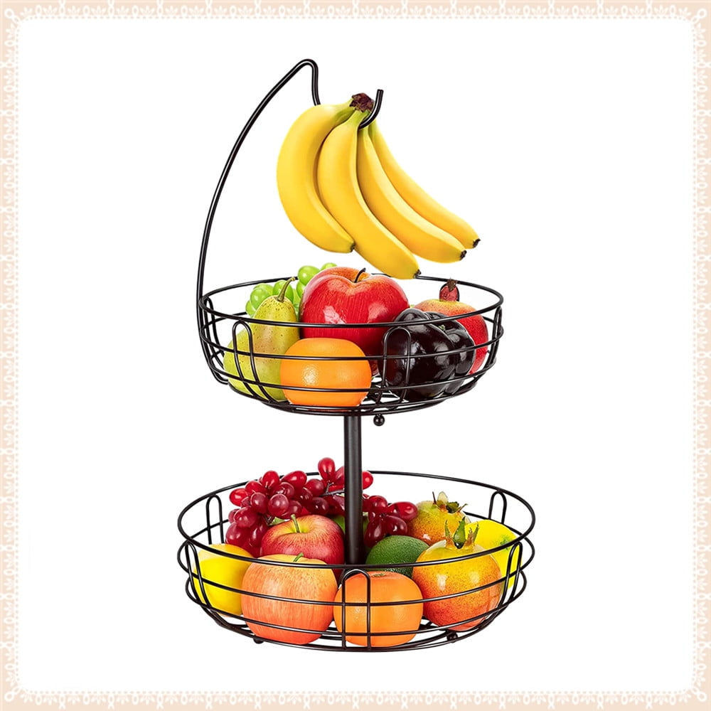 2 Tier Metal Wire Fruit Baskets with Banana Tree, Detachable Holder for