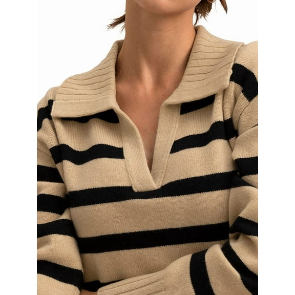 Women'S Striped Sweater Long Sleeve V-Neck Pullover Autumn Sweater Top 2025 Khaki One Size