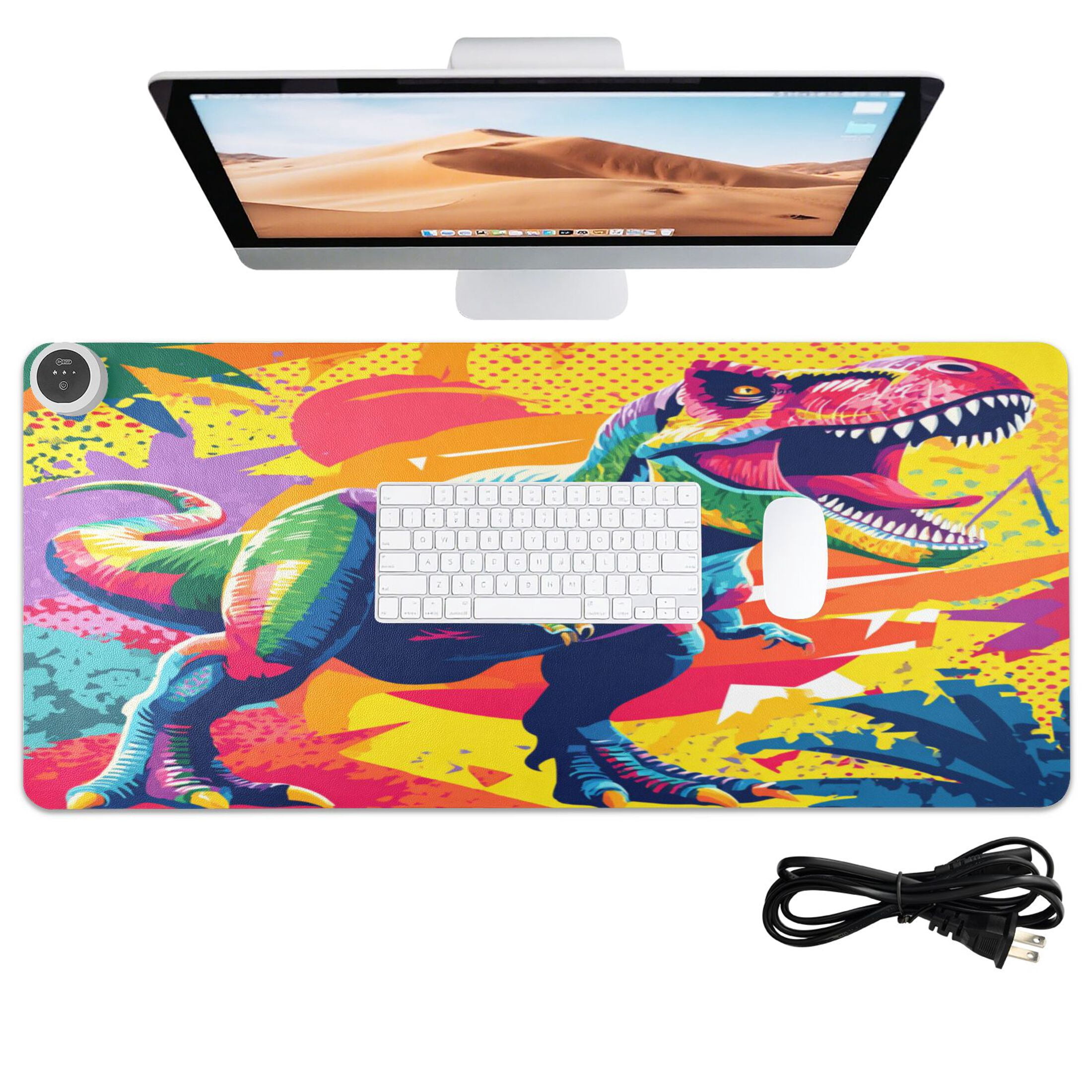 Large Heated Desk Mat Mouse Pad 31.5"x13"PU Leather Graphene Heating Desk Warmer with 3 Temperature Settings 110V US Plug Non-Slip Warm Pad for Home, Office, and Gaming Bold Tropical Dino Design