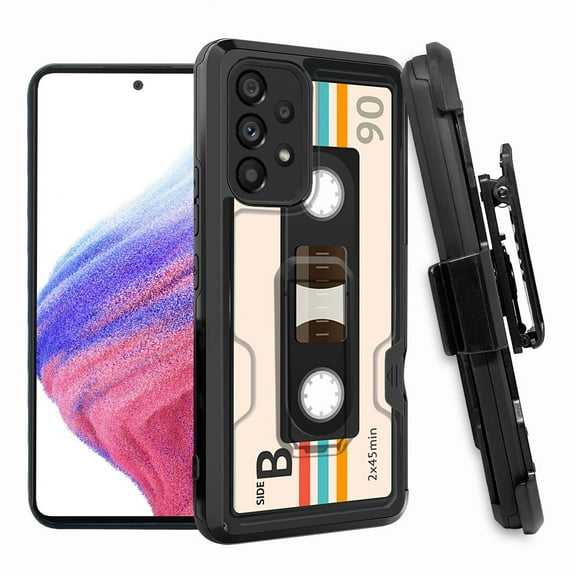 ANJ  Rugged Shockproof Hoster Case w/Card Slot, Kickstand   Tempered Glass Cover for Samsung Galaxy A33 5G - Retro Cassette 3