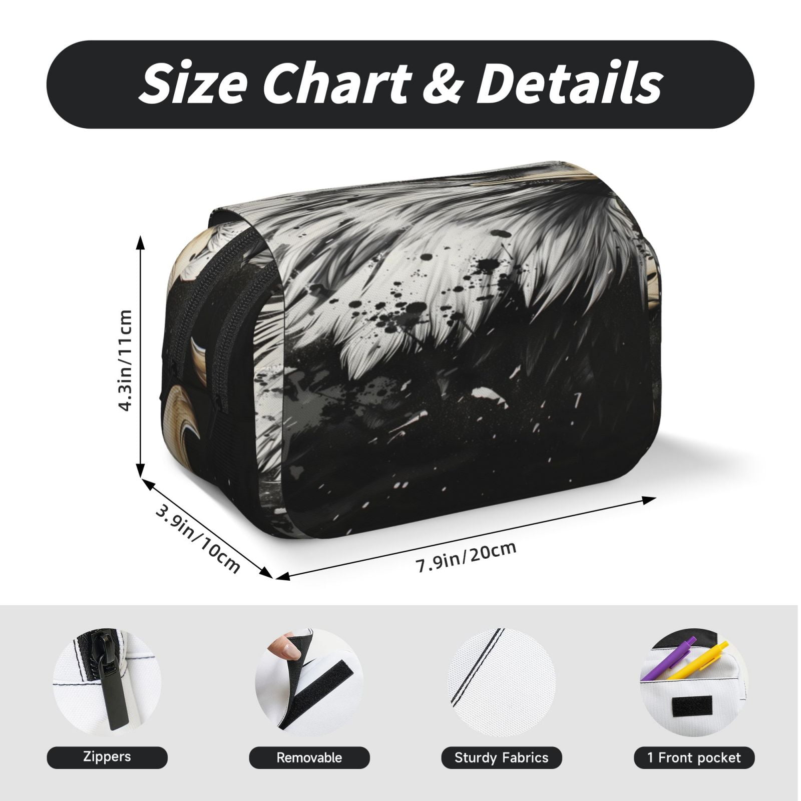Rateoe Ink Style Bald Eagle Pattern Double Clamshell Pen Case, Storage Organizer with Two Zipper Compartments– Holds Up to 50 Pencils & Pens