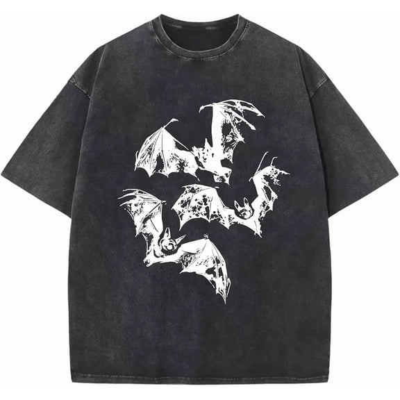 Pairxily Oversized Mens Graphic Tees Bat Print Vintage Shirt Streetwear Acid Wash Cotton Tshirt Baggy Y2k Short Sleeve Tops