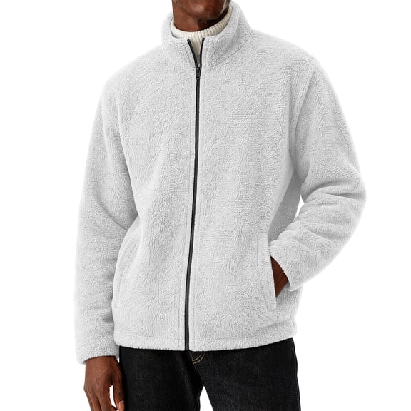 hoksml Men s Solid Fleece Zip Up Jacket Stand Collar Long Sleeve Sherpa Coat for Fall Winter Daily Work Comfort