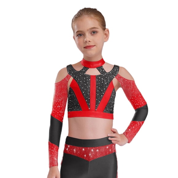 Jowowha Girls Kids Dance Costume Tops Long Sleeve Rhinestone Color Block Shiny Cross Back Cutout Acrobatics Black 8