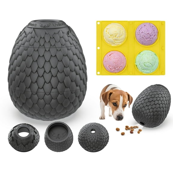 Treat Dispensing Dog Chew Toy – Freezable Fillable Rubber Enrichment Lick Toy with Dragon Egg Design, Long-Lasting Interactive Puzzle Toy for Dogs to Keep Them Busy (Black)