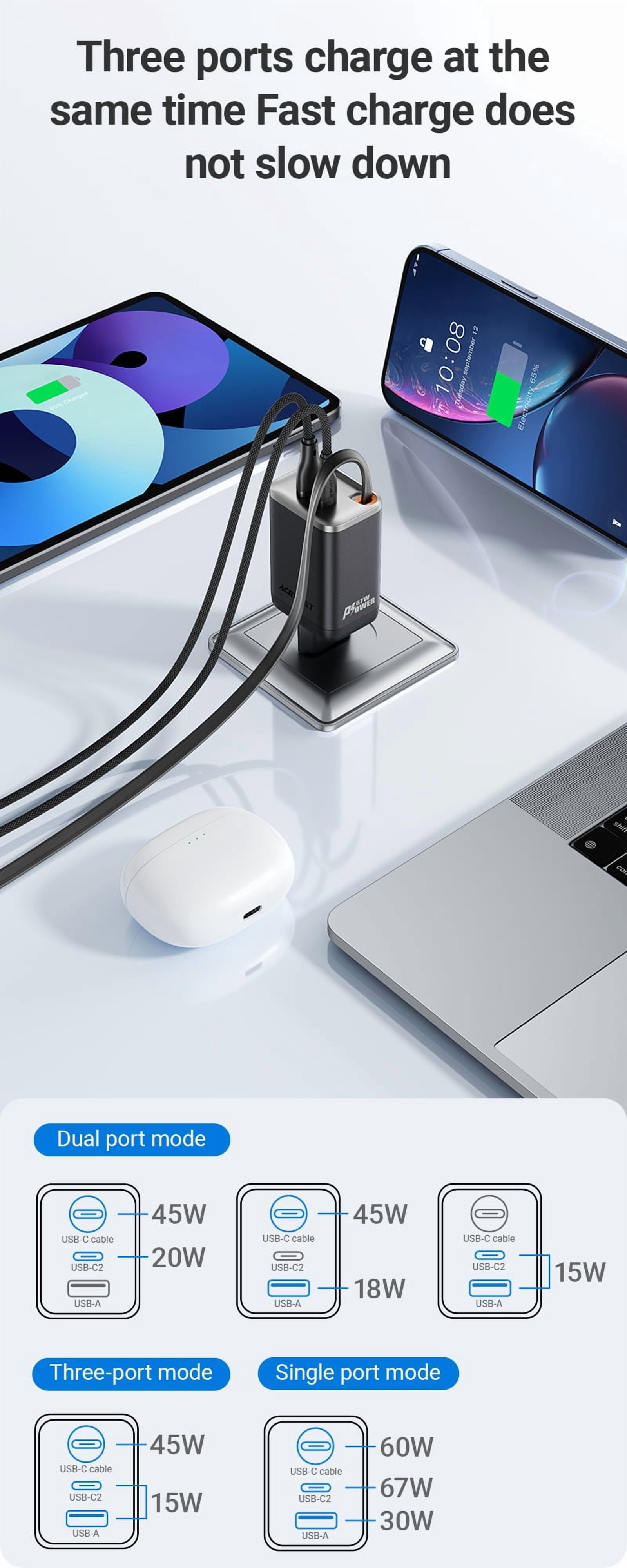 ACEFAST 67W GaN Charger (2×USB-C + USB-A) with 65cm Retractable Cable PD FFast Charging for Laptop/Tablet/Phone
