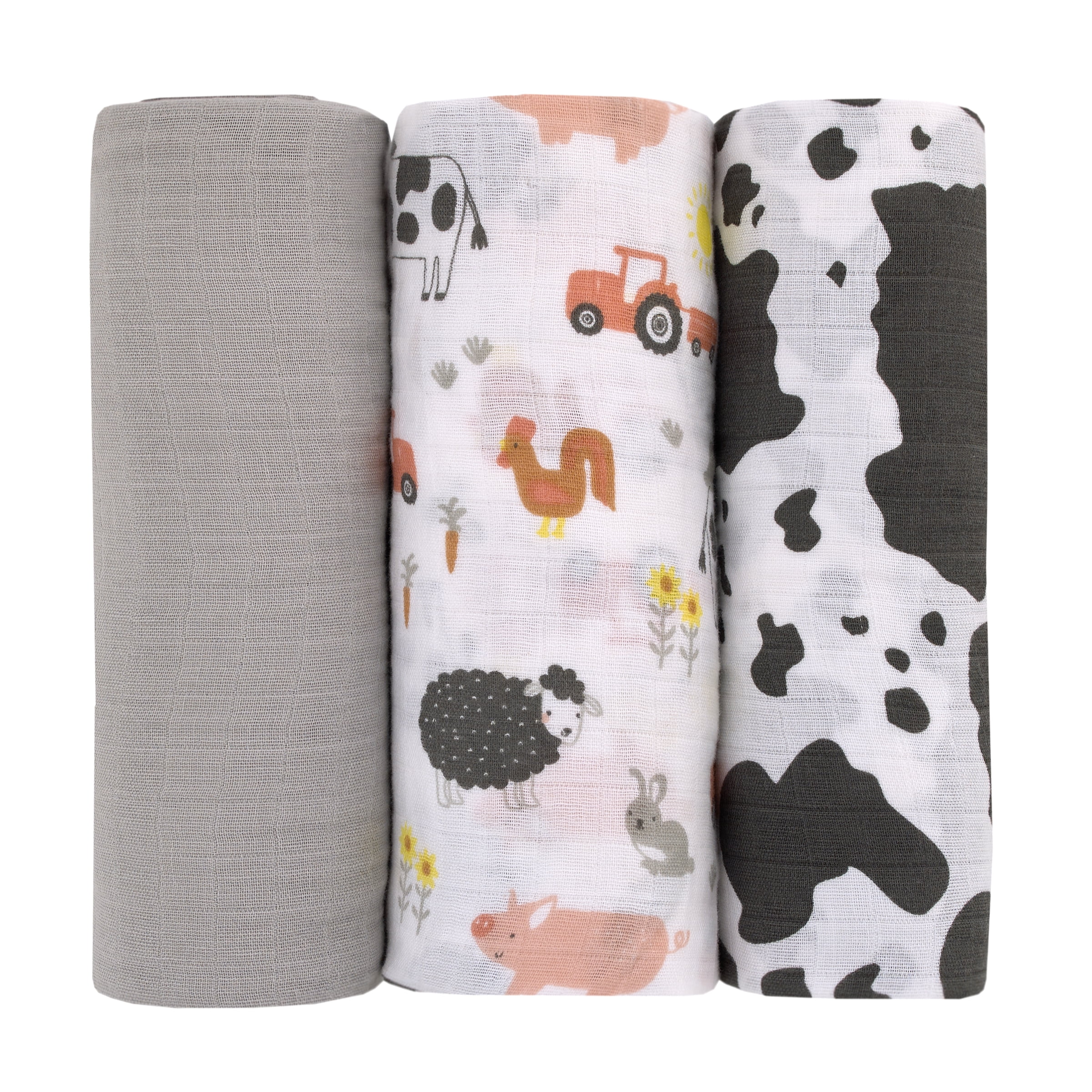 Parent's Choice Muslin Swaddle 3Pack, 100 Cotton, Farm Animals