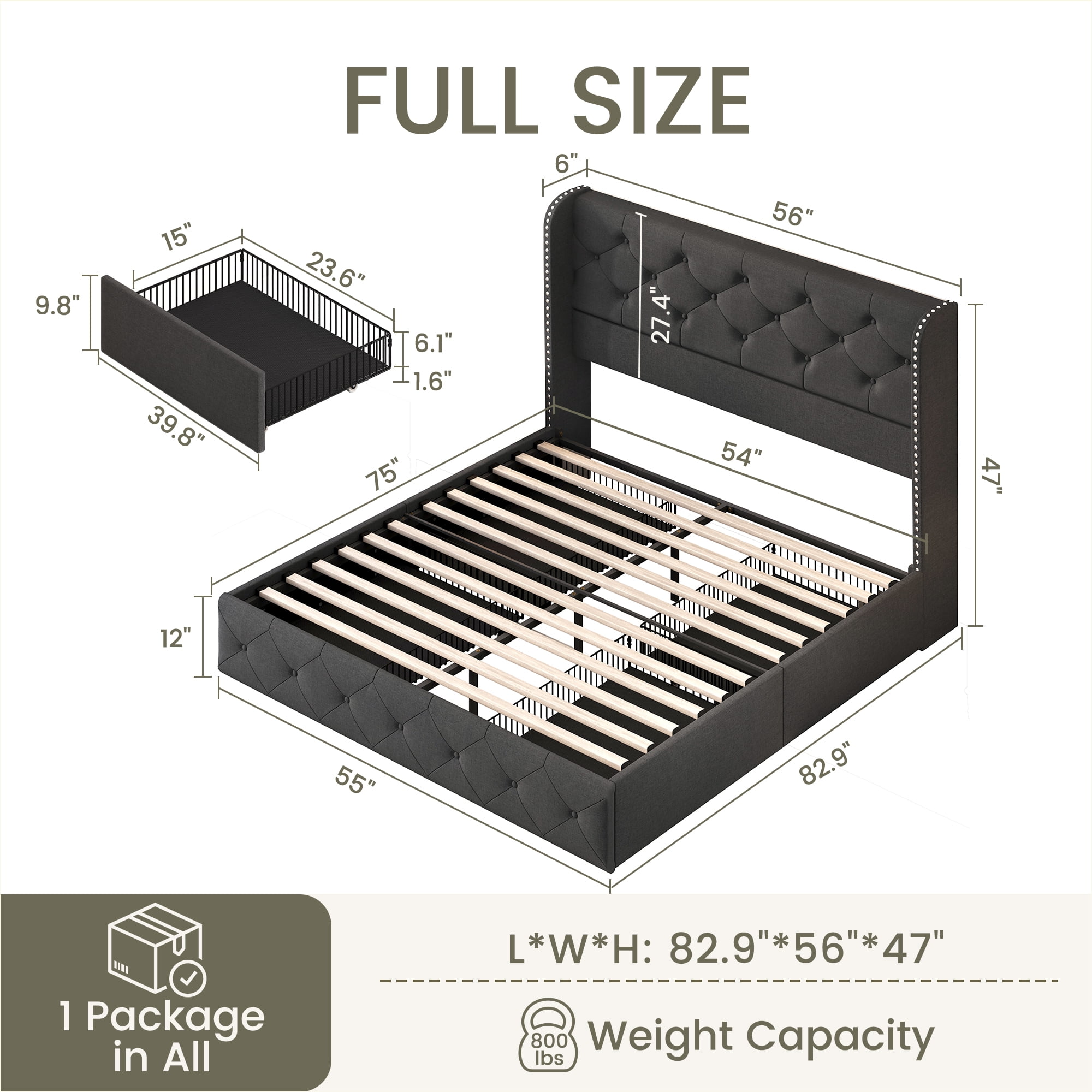 Breltam Full Size Bed Frame with 4 Storage Drawers, Wingback Tufted Headboard, LED Lights, Dark Grey Velvet Upholstered Platform Bed, No Box Spring Needed