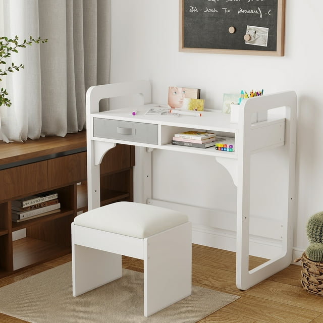 Kojooin Wooden Study Desk and Chair Set, Writing Table with Fabric Drawers and Built-In Pen Holder for Kids Learning Space