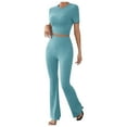 thumbnail image 1 of 2025 Women's Two Piece Knit Matching Outfits High Neck Slim Fit Tops And Flared Trousers Tracksuit Sets, 1 of 6
