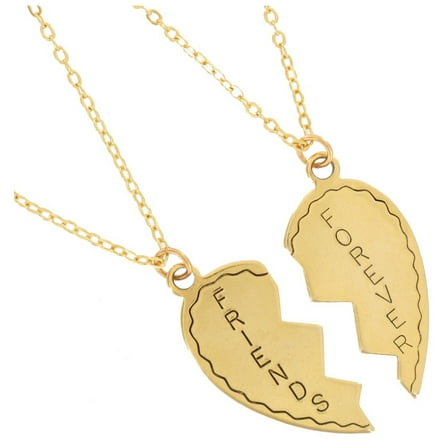 "Friends Forever" Best Friends Broken Heart Pendant Necklaces Gold Tone Set Ladies Adult Female Women