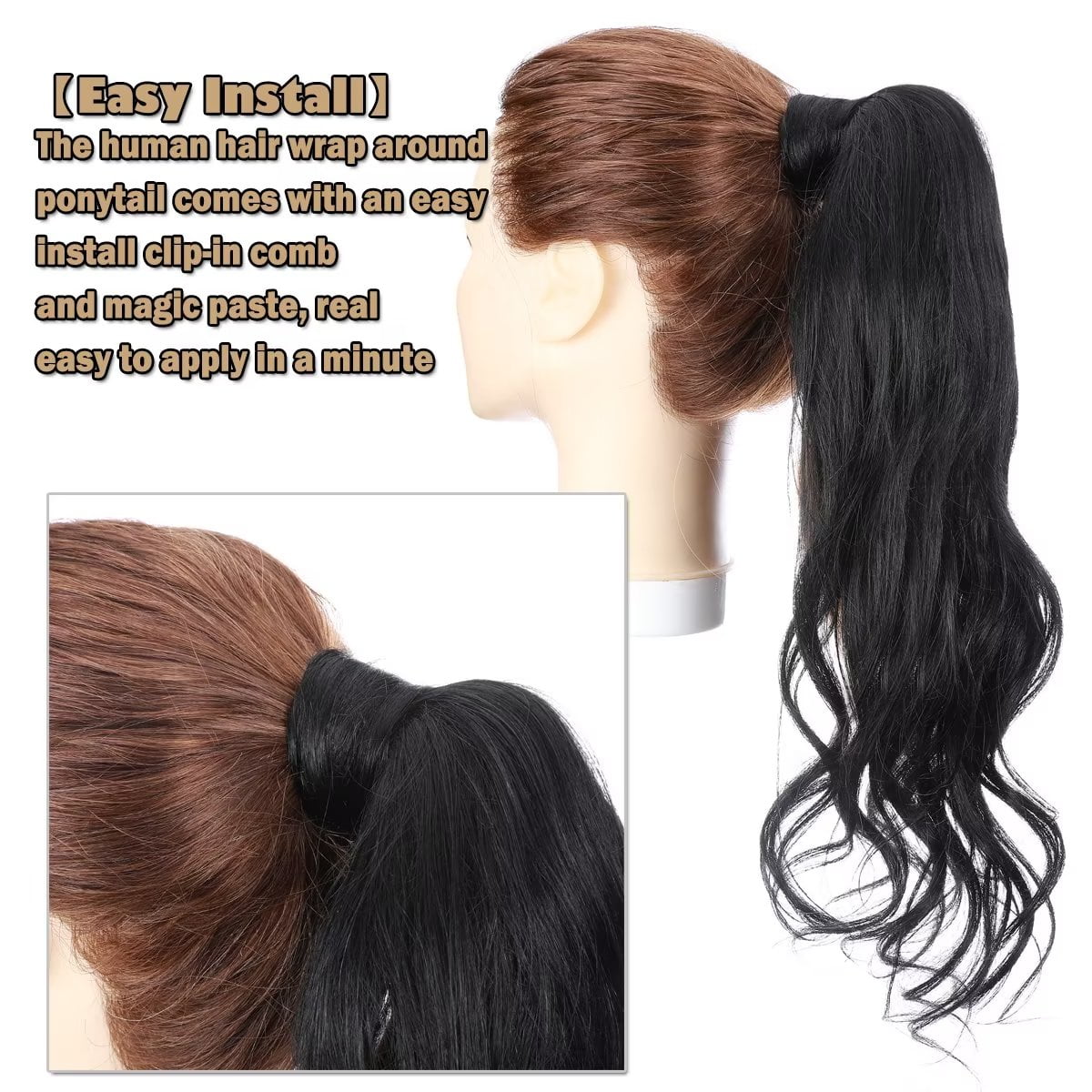 Benehair Clip in Ponytail Hair Extensions Human Hair Ponytail Wrap Around Remy Hair One Piece Human Hair Extensions Jet Black 18inch 90g Body Wave Curly Pony Tail