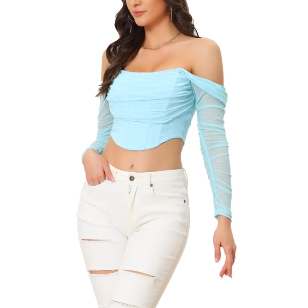 INSPIRAR CHIC Top Corto de Corsé de Manga Larga Transparente para Mujeres Blusa Off Shoulder Arrugada Push Up Fiesta Bustier con Varillas M Azul Claro