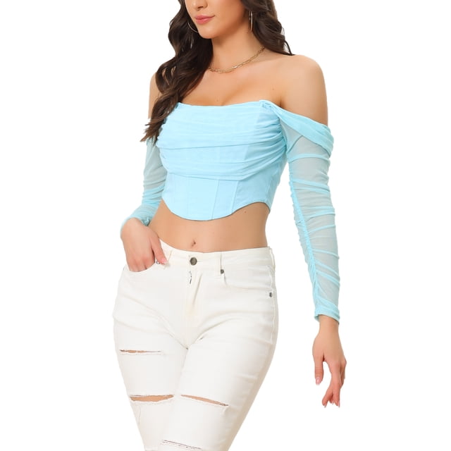 INSPIRAR CHIC Top Corto de Corsé de Manga Larga Transparente para Mujeres Blusa Off Shoulder Arrugada Push Up Fiesta Bustier con Varillas M Azul Claro