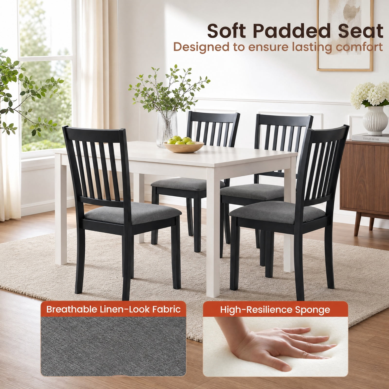 Furnibear Upholstered Wooden Dining Chairs Set of 2 with Padded Fabric Seats and Rubber Wood Frame for Kitchen Dining Room, Black