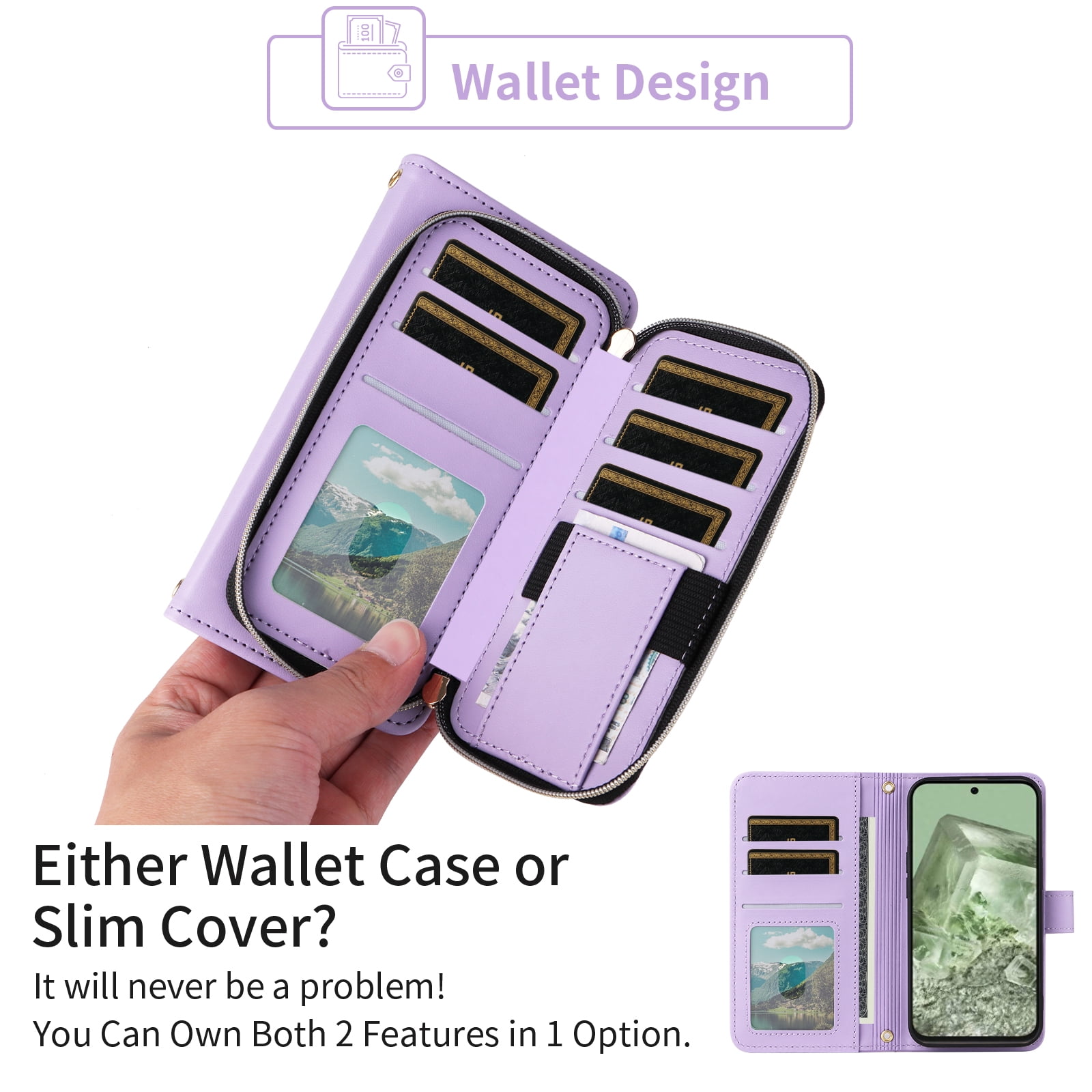 Furiet Wallet Case for Google Pixel 7 5G with Wrist/Shoulder Strap, Card Slots Zipper Flip Purse Luxury PU Leather Card Holder Stand Cell Phone Cover for Pixel7 Pixle Seven 6.3 Women Girls Purple