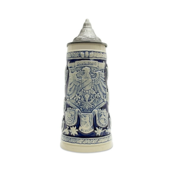 Cobalt Blue Germany Coats of Arms Engraved Beer Stein with Metal Lid