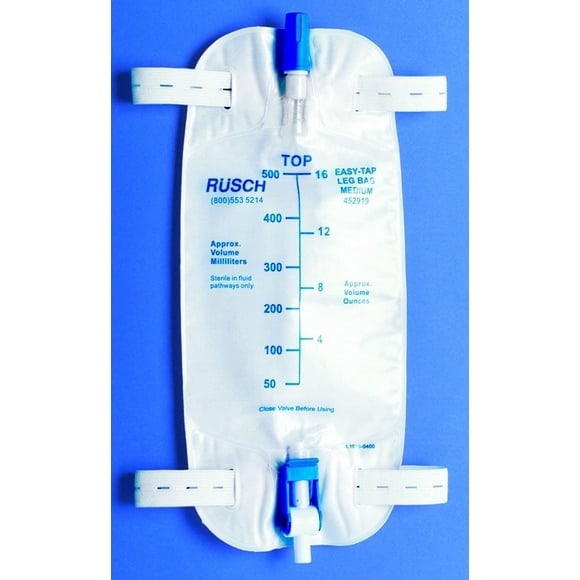 Teleflex Sac pour Jambes Medical Inc Teleflex Easy-Tap, Moyen, 19 oz, 500 ml, 18 Tubulures, Valve Anti-Reflux, Sangles en Tissu, Drainage Facile par Retournement (Lot de 5), Blanc