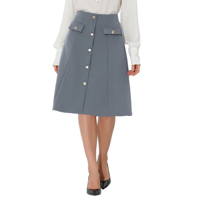Unique Bargains Women's Button Front Formal Work A-Line Midi Skirt Gray M