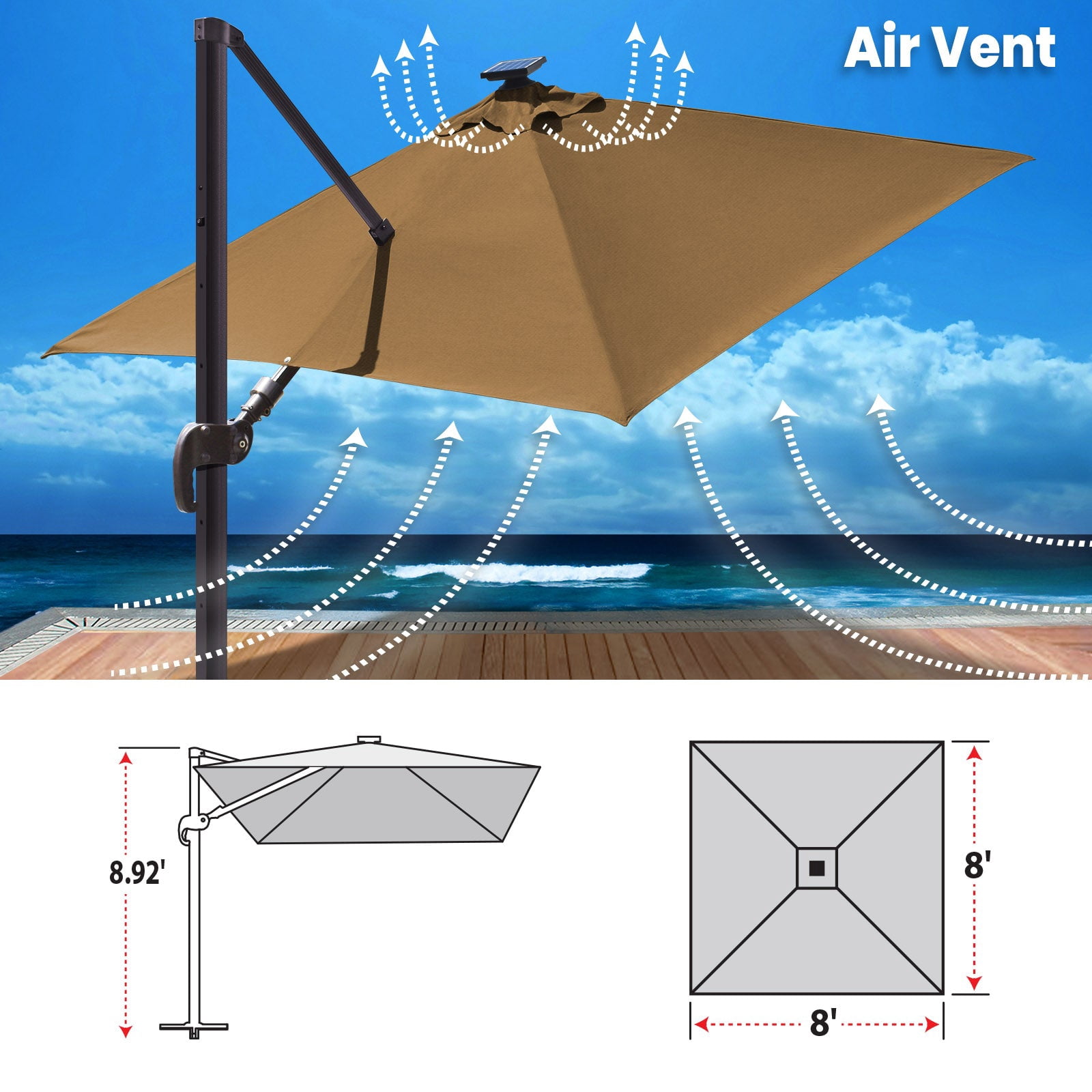 SUNRISEUMBRELLA Square Deluxe Hanging umbrella (8x8',Cocoa)
