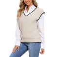 thumbnail image 4 of INSPIRE CHIC Women's Vest V Neck School Uniform Contrast Color Sleeveless Knit Pullover Tops XL Khaki, 4 of 6