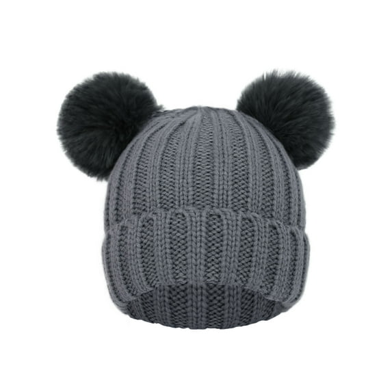 Little Boys' and Girls' Winter Pom Pom Ears Knitted Beanie Hat, Grey
