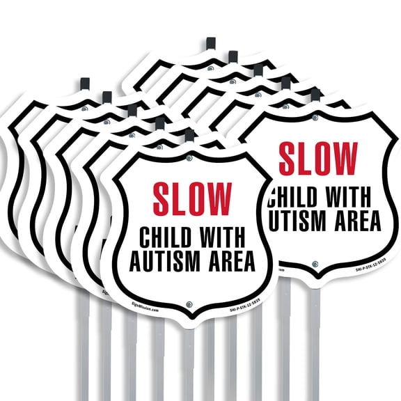Slow Child With Autism Area (10 Pack) 12 inch X 12 inch Shield Shaped Rust-Free Aluminum Metal Signs with Aluminum Mounting Stakes Weather Resistant Made in the USA