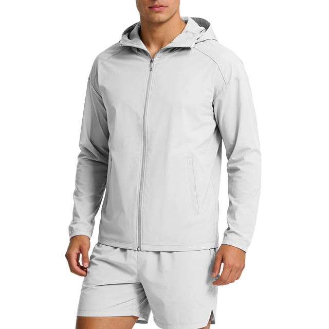 Mens Manga Larga con Capucha Cremallera Cardigan Hielo Seda Fina Chaqueta Protectora Solar para el Uso Diario Al Aire Libre Casual