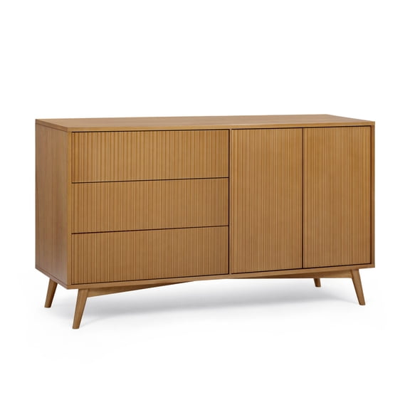 Tremolo 3-Drawer 2-Door Wood Sideboard Cabinet, Natural – Teamson Home: Push-Open Storage & Contemporary Fluted Fronts for Living or Dining Room