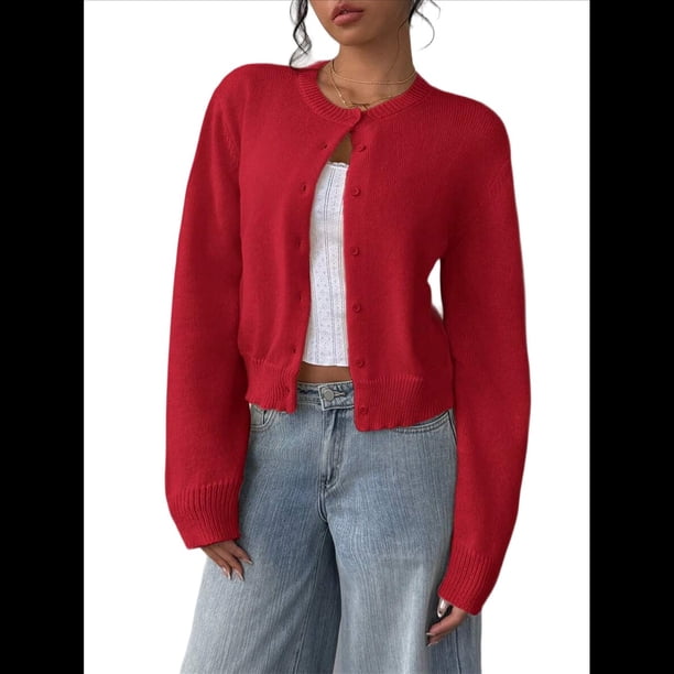 Suéter Tipo Cárdigan Corto de Larga con Botones y Cuello Redondo para Mujer, Ropa de Punto . Rojo S