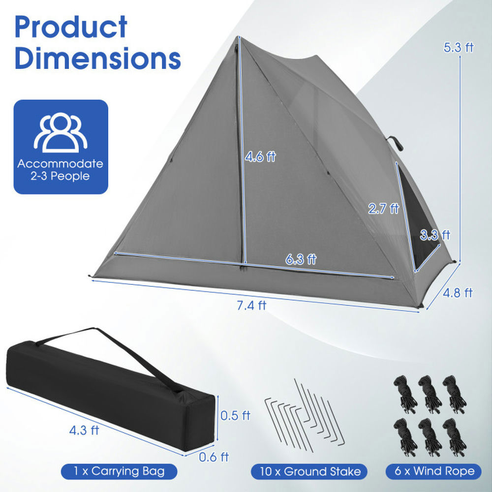 Topcobe Pop-up Camping Tent for 2-3 People with Carry Bag and Rainfly for Backpacking Hiking Trip, Outdoor Traveling Tent-Gray
