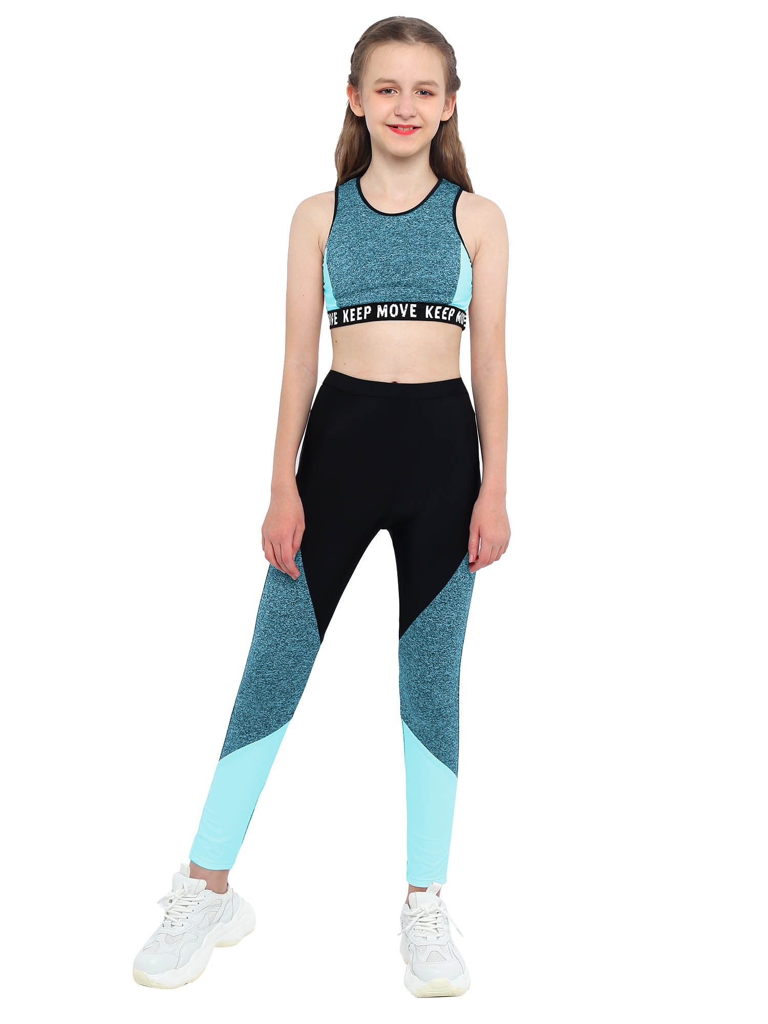 Aislor Kids Girls Two Piece Athletic Outfit Sports Bra Crop Top with Yoga Leggings Gymnastics Dance Set Size 4 16 A Blue 6