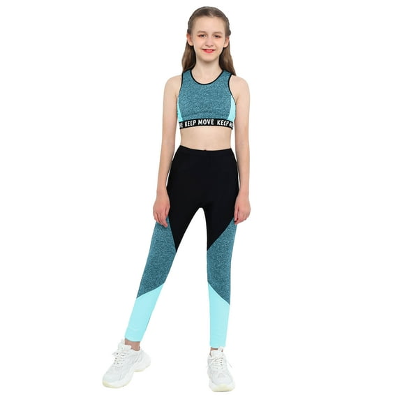 renvena Kids Girls Two Piece Yoga Sports Suit Crop Top with Athletic Leggings Workout Tracksuit Outfit