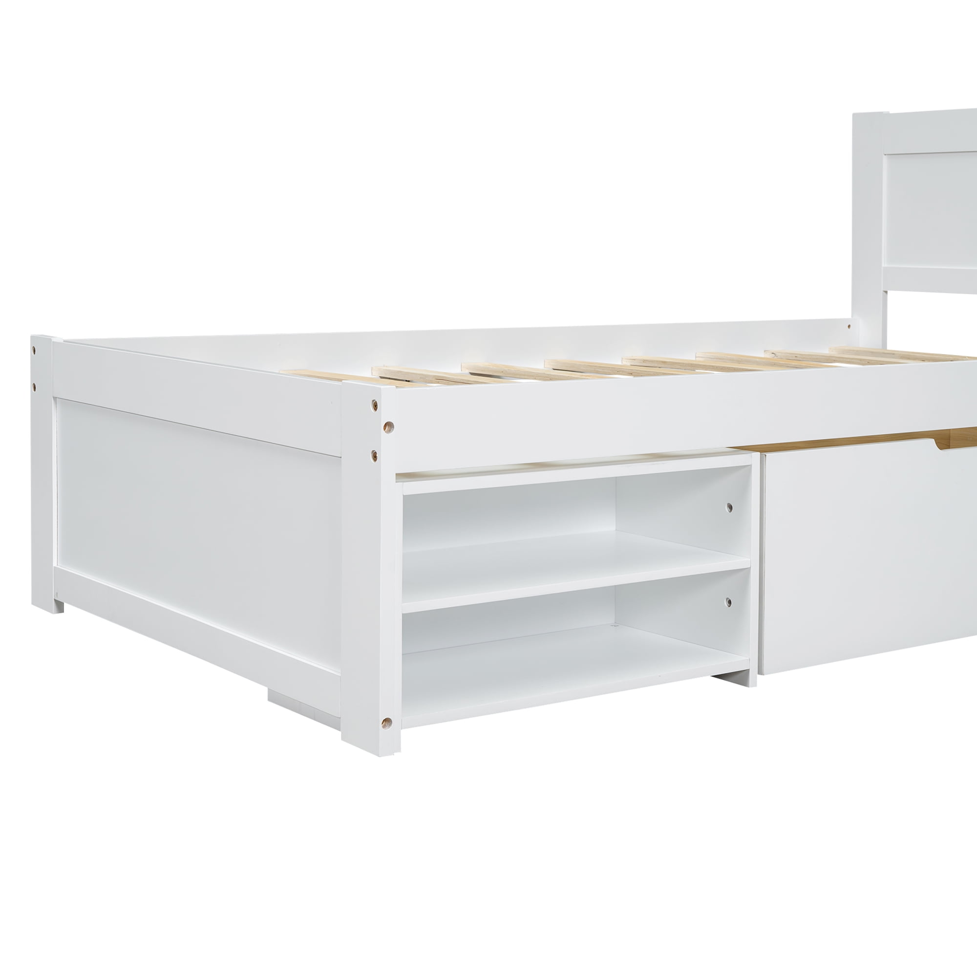 Yoneston Twin Platform Bed with Wheeled Drawer and Two Shelves, Kids Extra Easy-access Large Storage Space Bed Frame, White