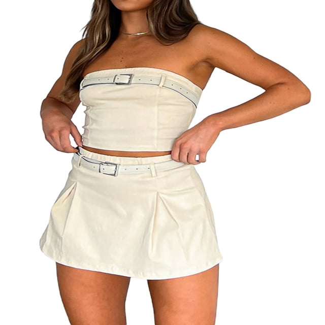 Tenue d'Été 2 Pcs pour Femmes Débardeur Court Sans Manches + Jupe Plissée Mini avec Ceintures