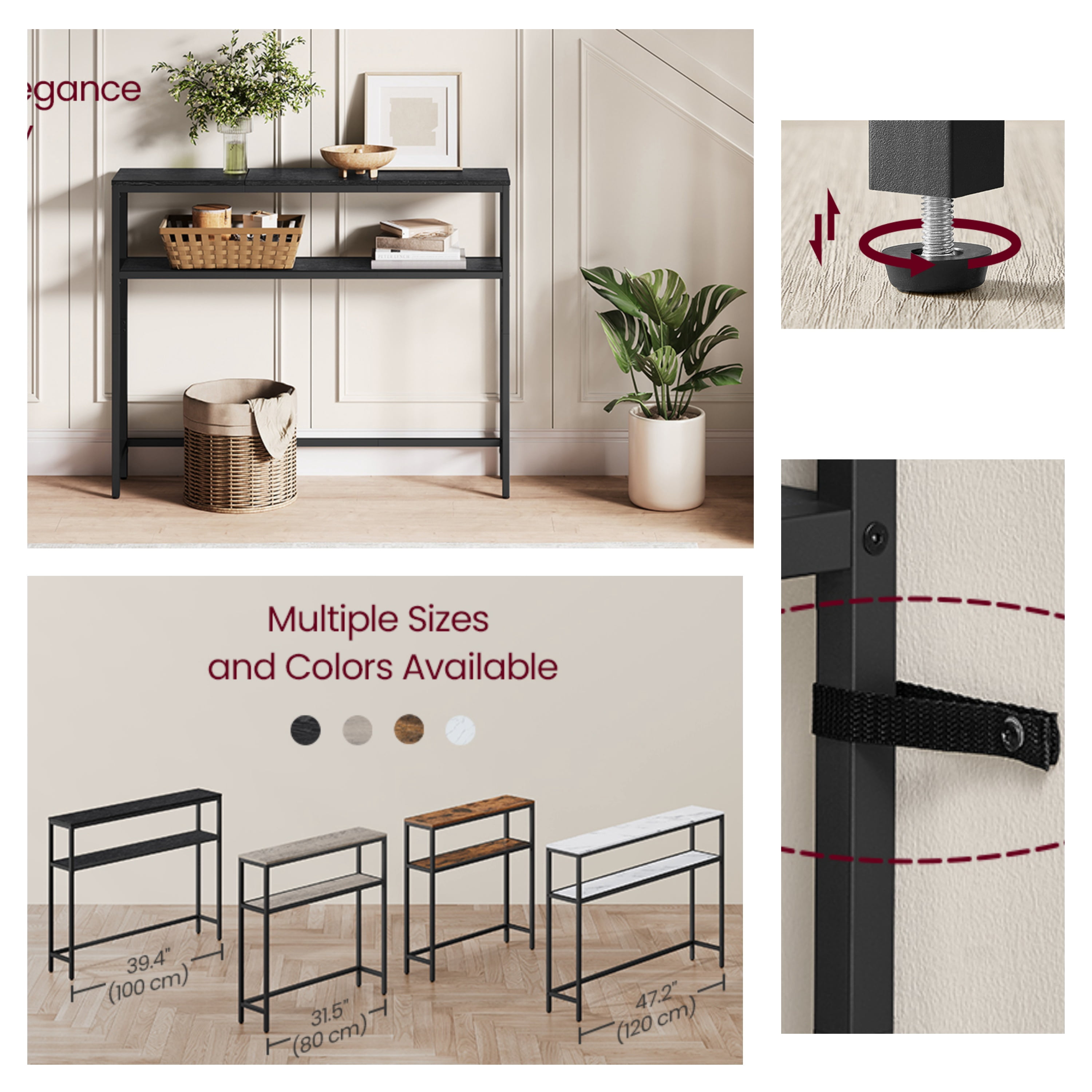LEDREM 31.5" Modern 2-Tier Console Table, Narrow Sofa Table with Adjustable Feet for Entryway, Living Room, Charcoal Gray and Black