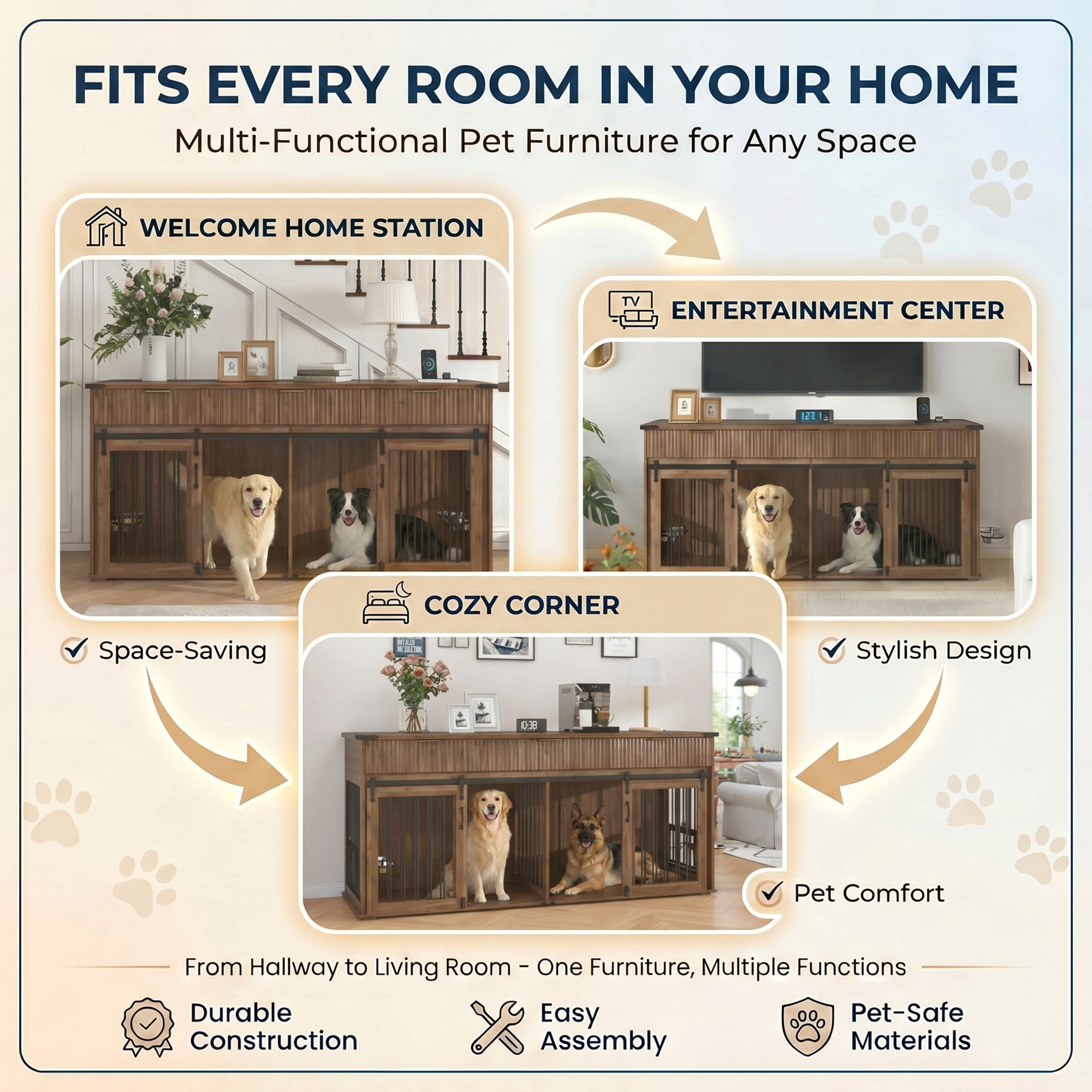 Noble House 71" Double Dog Crate Furniture with Fluted Drawers, Large Kennel with Charging Station, Walnut