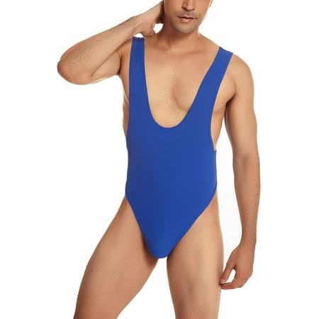 QIUYI Mens Sleeveless High Cut Thong Leotard Bodysuit One Piece Backless Deep U Neck Solid Singlet Undershirt Activewear