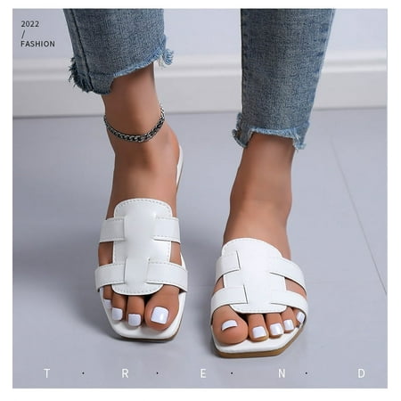 

BottleZi 4-12size flat slippers for women dressy classy Style Women Peep-toe One-word Flat slippers New Female Beach Vacation Sandals