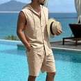 thumbnail image 5 of HBGVBA Mens Summer Set Solid Color Loose Linen Pocket Elastic Waist Shorts Button Hooded Tank Top Shirt 2 Piece Beach Set, 5 of 5
