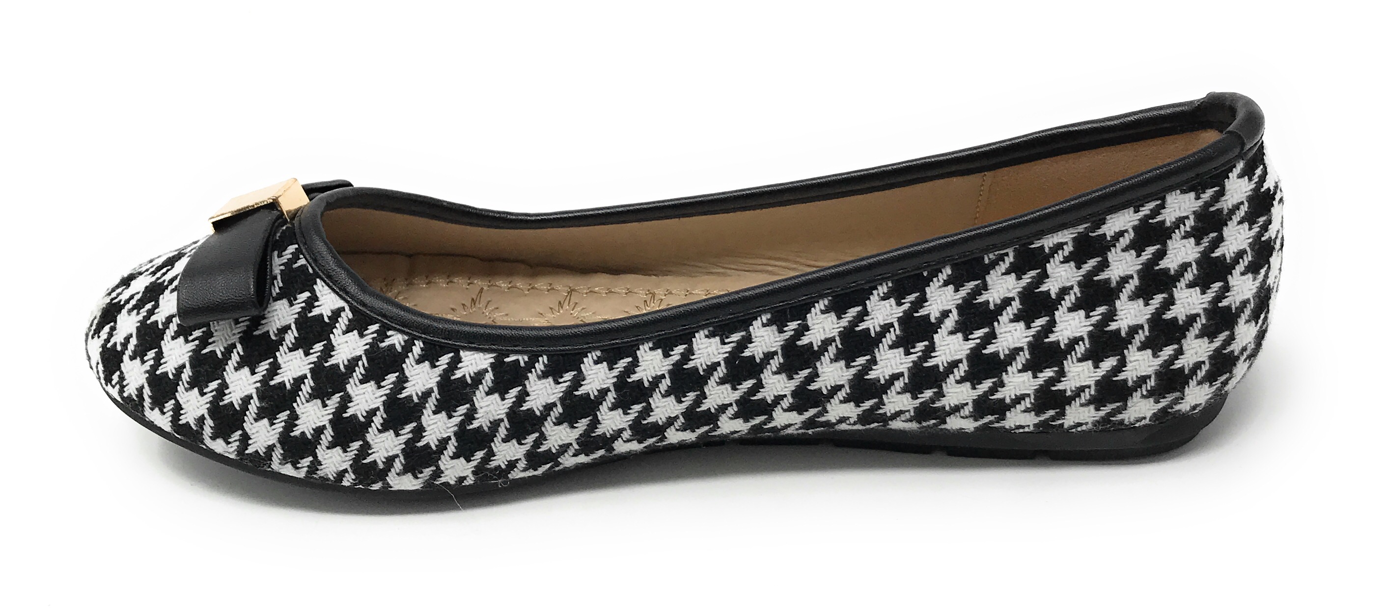 Women’s Black and White Houndstooth Ballerina Flats with Bow – Round Toe Slip-On Dress Shoes – Comfortable Casual Everyday Flats for Work, Office, Travel, or Evening Wear