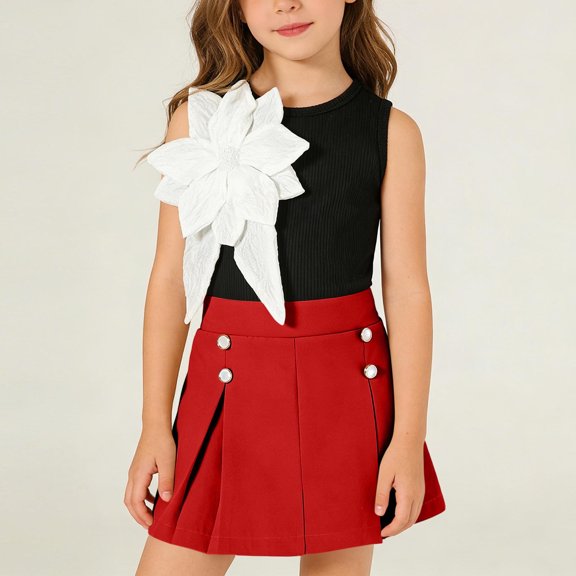 ITSAME Girls Outfits 2-Piece, Big Flower Sleeveless Tops and Skorts Summer Fashion Dressy Clothes Red Size 7-8