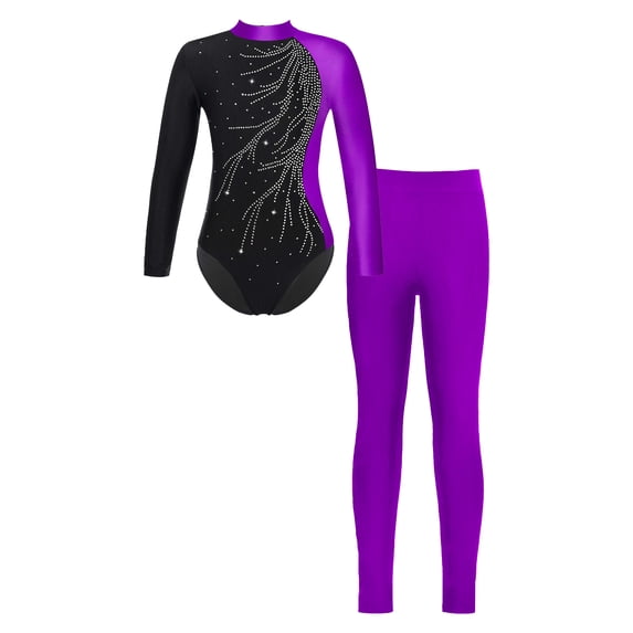 Yeahdor Girls Long Sleeve Contrast Color Shiny Rhinestone Leotard with Leggings for Gymnastics Dance Skating Purple 8